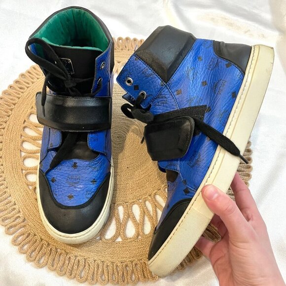 MCM High Top Logo Leather Sneakers Blue Black/Blue Size EU 42 - Picture 1 of 10